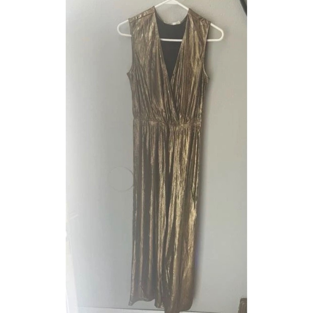 Ellison Gold Metallic Pleated Wide Leg Jumpsuit V-Neck Sleeveless medium